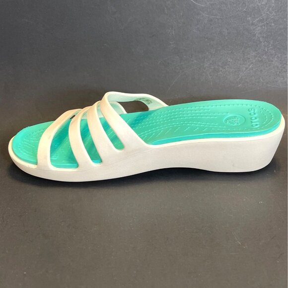Slip On Sandals Straps Crocs White Green Water Shoes Slide Wedge Heel Size 10 - Picture 6 of 9